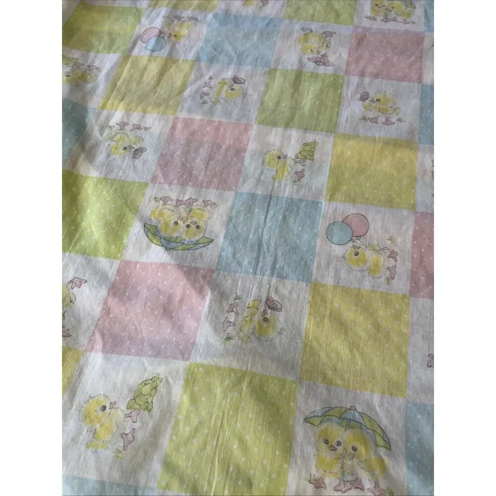 Vtg 70s Crib Sheet Yellow Bear Chick LionsBears Baby Retro Kitschy 2 Pcs Fabric
